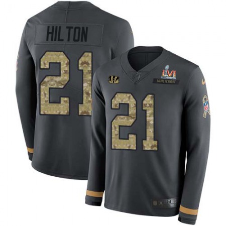 Nike Bengals #21 Mike Hilton Anthracite Super Bowl LVI Patch Salute to Service Youth Stitched NFL Limited Therma Long Sleeve Jersey