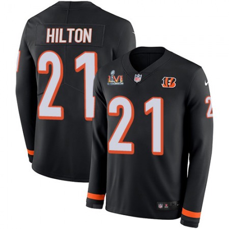 Nike Bengals #21 Mike Hilton Black Team Color Super Bowl LVI Patch Youth Stitched NFL Limited Therma Long Sleeve Jersey