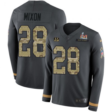 Nike Bengals #28 Joe Mixon Anthracite Super Bowl LVI Patch Salute to Service Youth Stitched NFL Limited Therma Long Sleeve Jersey