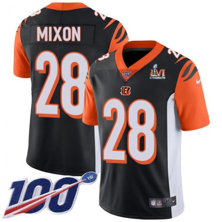 Nike Bengals #28 Joe Mixon Black Team Color Super Bowl LVI Patch Youth Stitched NFL 100th Season Vapor Limited Jersey