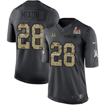 Nike Bengals #28 Joe Mixon Black Team Color Super Bowl LVI Patch Youth Stitched NFL Limited Therma Long Sleeve Jersey