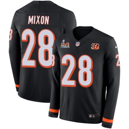 Nike Bengals #28 Joe Mixon Black Team Color Super Bowl LVI Patch Youth Stitched NFL Limited Therma Long Sleeve Jersey