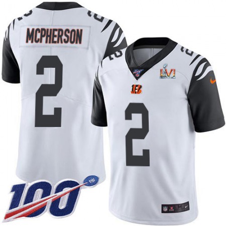 Nike Bengals #2 Evan McPherson White Super Bowl LVI Patch Youth Stitched NFL Limited Rush 100th Season Jersey