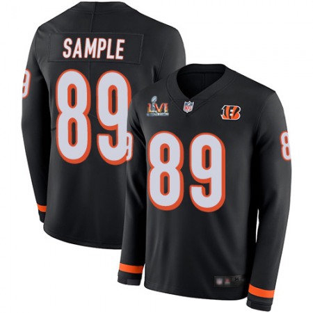 Nike Bengals #89 Drew Sample Black Team Color Super Bowl LVI Patch Youth Stitched NFL Limited Therma Long Sleeve Jersey