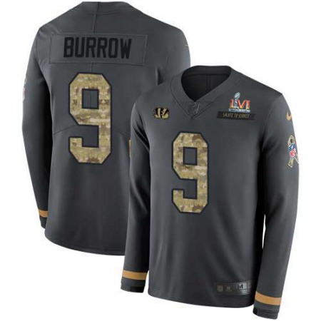 Nike Bengals #9 Joe Burrow Anthracite Super Bowl LVI Patch Salute to Service Youth Stitched NFL Limited Therma Long Sleeve Jersey