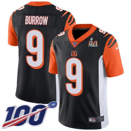 Nike Bengals #9 Joe Burrow Black Team Color Super Bowl LVI Patch Youth Stitched NFL 100th Season Vapor Limited Jersey