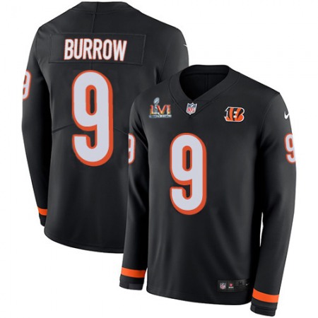 Nike Bengals #9 Joe Burrow Black Team Color Super Bowl LVI Patch Youth Stitched NFL Limited Therma Long Sleeve Jersey