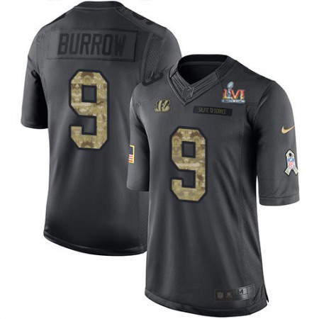 Nike Bengals #9 Joe Burrow Black Team Color Super Bowl LVI Patch Youth Stitched NFL Limited Therma Long Sleeve Jersey