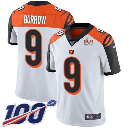 Nike Bengals #9 Joe Burrow White Super Bowl LVI Patch Youth Stitched NFL 100th Season Vapor Limited Jersey