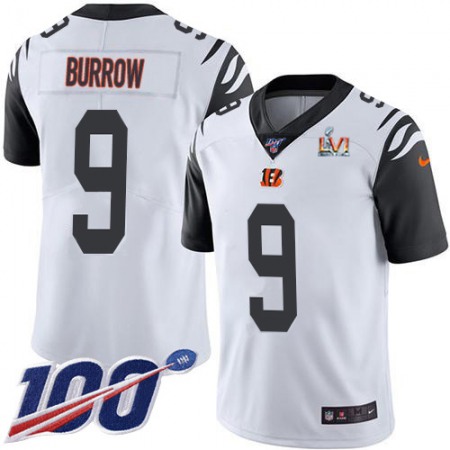 Nike Bengals #9 Joe Burrow White Super Bowl LVI Patch Youth Stitched NFL Limited Rush 100th Season Jersey