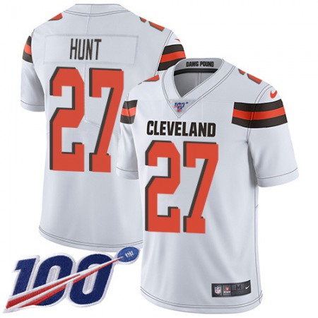 Nike Browns #27 Kareem Hunt White Youth Stitched NFL 100th Season Vapor Untouchable Limited Jersey