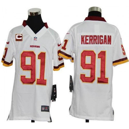 Nike Commanders #91 Ryan Kerrigan White With C Patch Youth Stitched NFL Elite Jersey