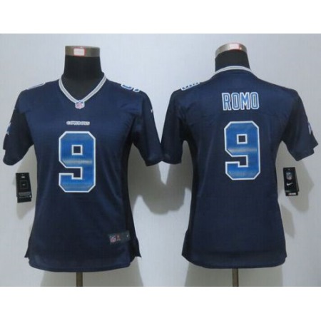 Nike Cowboys #9 Tony Romo Navy Blue Team Color Women's Stitched NFL Elite Strobe Jersey