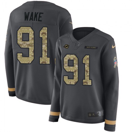 Nike Dolphins #91 Cameron Wake Anthracite Salute to Service Women's Stitched NFL Limited Therma Long Sleeve Jersey