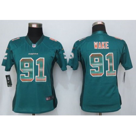 Nike Dolphins #91 Cameron Wake Aqua Green Team Color Women's Stitched NFL Elite Strobe Jersey