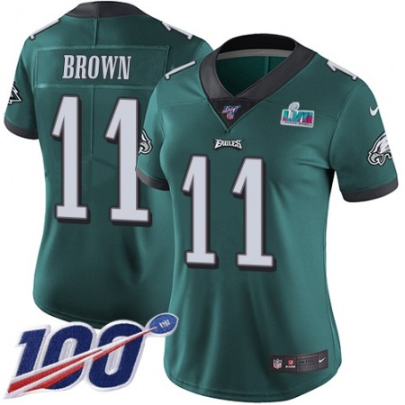 Nike Eagles #11 A.J. Brown Green Team Color Super Bowl LVII Patch Women's Stitched NFL 100th Season Vapor Untouchable Limited Jersey