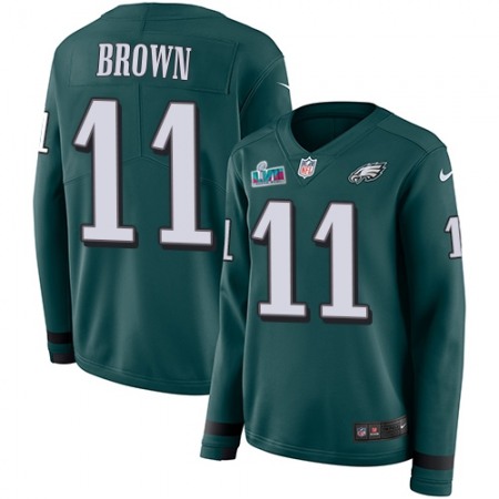 Nike Eagles #11 A.J. Brown Green Team Color Super Bowl LVII Patch Women's Stitched NFL Limited Therma Long Sleeve Jersey