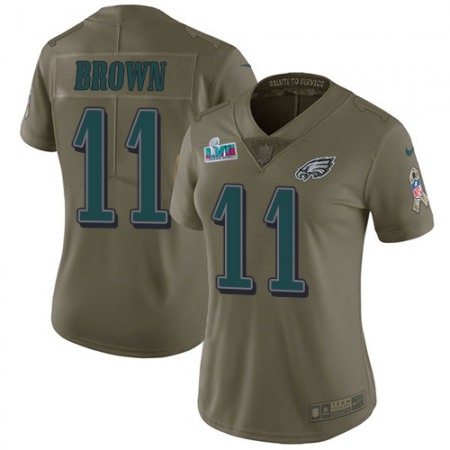 Nike Eagles #11 A.J. Brown Olive Super Bowl LVII Patch Women's Stitched NFL Limited 2017 Salute To Service Jersey