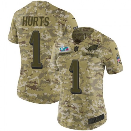Nike Eagles #1 Jalen Hurts Camo Super Bowl LVII Patch Women's Stitched NFL Limited 2018 Salute To Service Jersey