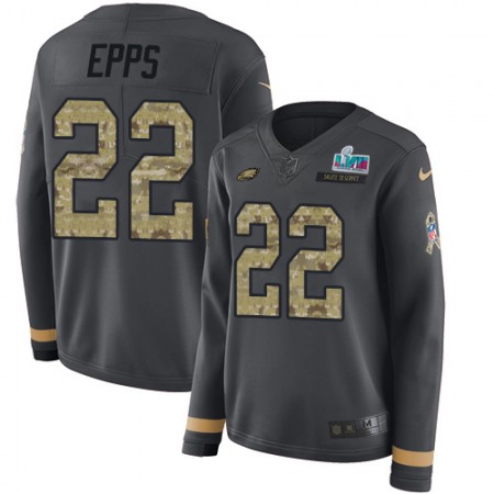 Nike Eagles #22 Marcus Epps Anthracite Salute to Service Super Bowl LVII Patch Women's Stitched NFL Limited Therma Long Sleeve Jersey