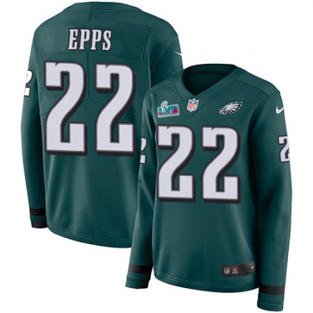 Nike Eagles #22 Marcus Epps Green Team Color Super Bowl LVII Patch Women's Stitched NFL Limited Therma Long Sleeve Jersey