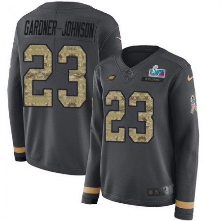Nike Eagles #23 C.J. Gardner-Johnson Anthracite Salute to Service Super Bowl LVII Patch Women's Stitched NFL Limited Therma Long Sleeve Jersey
