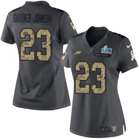 Nike Eagles #23 C.J. Gardner-Johnson Black Super Bowl LVII Patch Women's Stitched NFL Limited 2016 Salute to Service Jersey