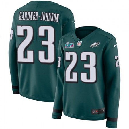Nike Eagles #23 C.J. Gardner-Johnson Green Team Color Super Bowl LVII Patch Women's Stitched NFL Limited Therma Long Sleeve Jersey