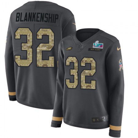 Nike Eagles #32 Reed Blankenship Anthracite Salute to Service Super Bowl LVII Patch Women's Stitched NFL Limited Therma Long Sleeve Jersey