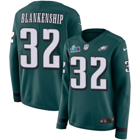 Nike Eagles #32 Reed Blankenship Green Team Color Super Bowl LVII Patch Women's Stitched NFL Limited Therma Long Sleeve Jersey