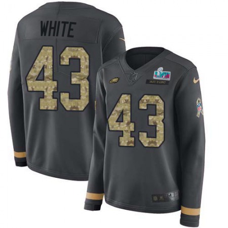 Nike Eagles #43 Kyzir White Anthracite Salute to Service Super Bowl LVII Patch Women's Stitched NFL Limited Therma Long Sleeve Jersey
