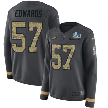 Nike Eagles #57 T. J. Edwards Anthracite Salute to Service Super Bowl LVII Patch Women's Stitched NFL Limited Therma Long Sleeve Jersey