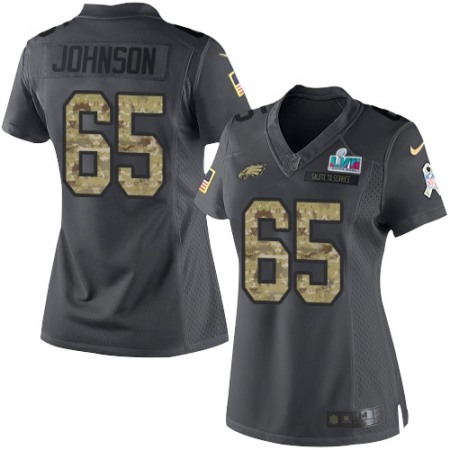 Nike Eagles #65 Lane Johnson Black Super Bowl LVII Patch Women's Stitched NFL Limited 2016 Salute to Service Jersey