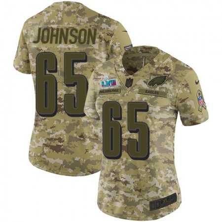Nike Eagles #65 Lane Johnson Camo Super Bowl LVII Patch Women's Stitched NFL Limited 2018 Salute To Service Jersey