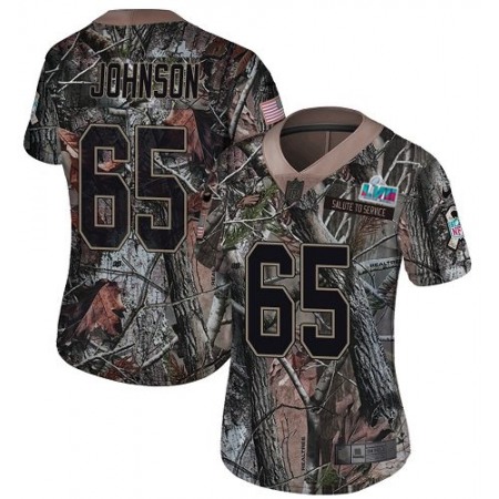 Nike Eagles #65 Lane Johnson Camo Super Bowl LVII Patch Women's Stitched NFL Limited Rush Realtree Jersey