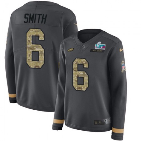 Nike Eagles #6 DeVonta Smith Anthracite Super Bowl LVII Patch Salute to Service Women's Stitched NFL Limited Therma Long Sleeve Jersey