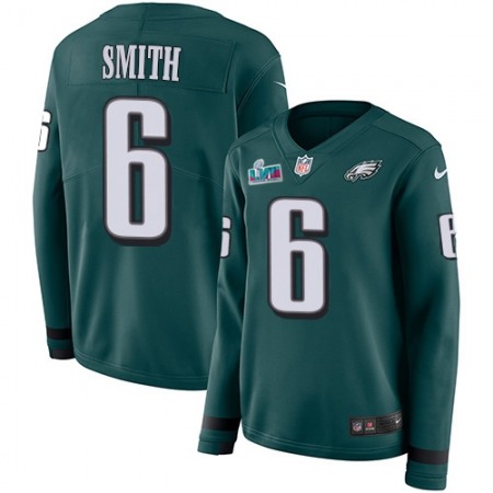 Nike Eagles #6 DeVonta Smith Green Super Bowl LVII Patch Team Color Women's Stitched NFL Limited Therma Long Sleeve Jersey