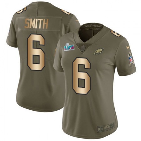 Nike Eagles #6 DeVonta Smith Olive/Gold Super Bowl LVII Patch Women's Stitched NFL Limited 2017 Salute To Service Jersey