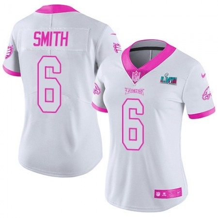 Nike Eagles #6 DeVonta Smith White/Pink Super Bowl LVII Patch Women's Stitched NFL Limited Rush Fashion Jersey