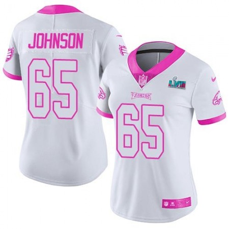 Nike Eagles #65 Lane Johnson White/Pink Super Bowl LVII Patch Women's Stitched NFL Limited Rush Fashion Jersey