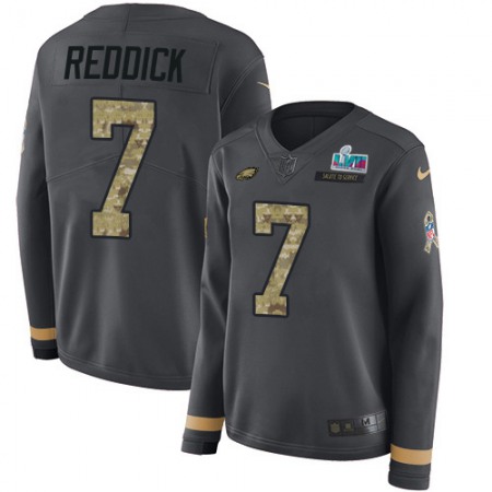 Nike Eagles #7 Haason Reddick Anthracite Salute to Service Super Bowl LVII Patch Women's Stitched NFL Limited Therma Long Sleeve Jersey