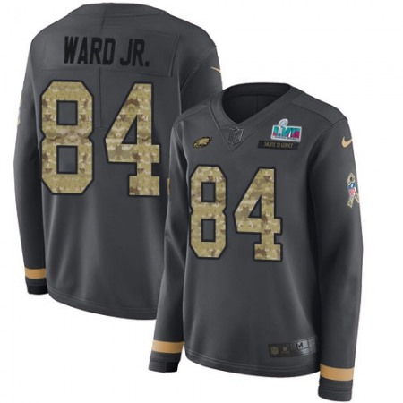 Nike Eagles #84 Greg Ward Jr. Anthracite Super Bowl LVII Patch Salute to Service Women's Stitched NFL Limited Therma Long Sleeve Jersey