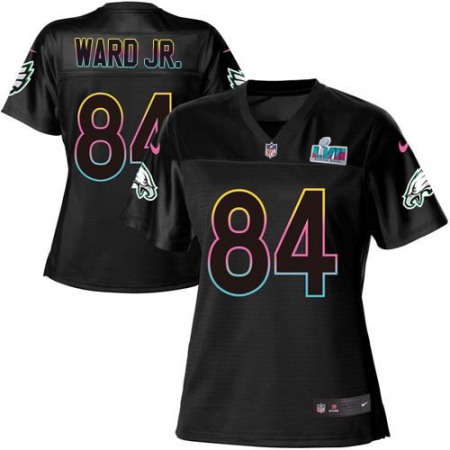 Nike Eagles #84 Greg Ward Jr. Black Super Bowl LVII Patch Women's NFL Fashion Game Jersey