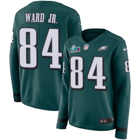 Nike Eagles #84 Greg Ward Jr. Green Super Bowl LVII Patch Team Color Women's Stitched NFL Limited Therma Long Sleeve Jersey