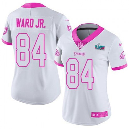 Nike Eagles #84 Greg Ward Jr. White/Pink Super Bowl LVII Patch Women's Stitched NFL Limited Rush Fashion Jersey