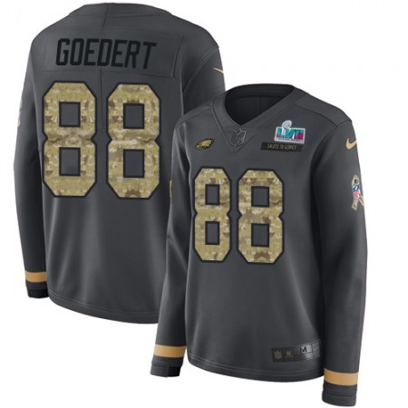 Nike Eagles #88 Dallas Goedert Anthracite Super Bowl LVII Patch Salute to Service Women's Stitched NFL Limited Therma Long Sleeve Jersey