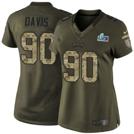 Nike Eagles #90 Jordan Davis Green Super Bowl LVII Patch Women's Stitched NFL Limited 2015 Salute to Service Jersey