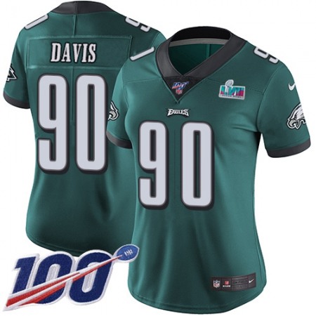 Nike Eagles #90 Jordan Davis Green Team Color Super Bowl LVII Patch Women's Stitched NFL 100th Season Vapor Limited Jersey
