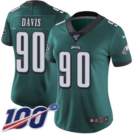 Nike Eagles #90 Jordan Davis Green Team Color Women's Stitched NFL 100th Season Vapor Untouchable Limited Jersey