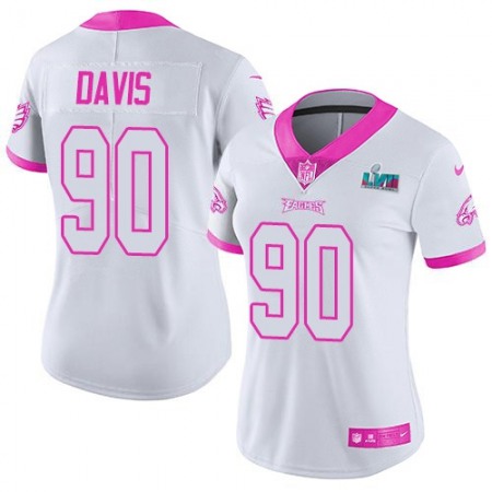 Nike Eagles #90 Jordan Davis White/Pink Super Bowl LVII Patch Women's Stitched NFL Limited Rush Fashion Jersey